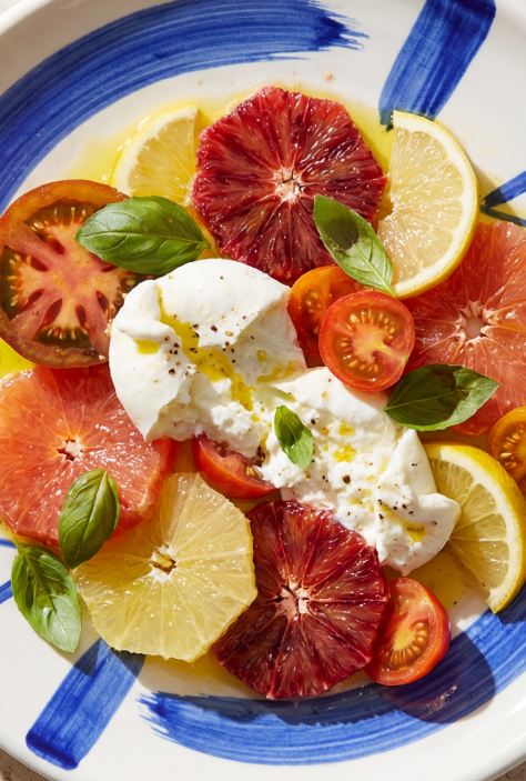 burrata agrumes salade ete tomates basilic